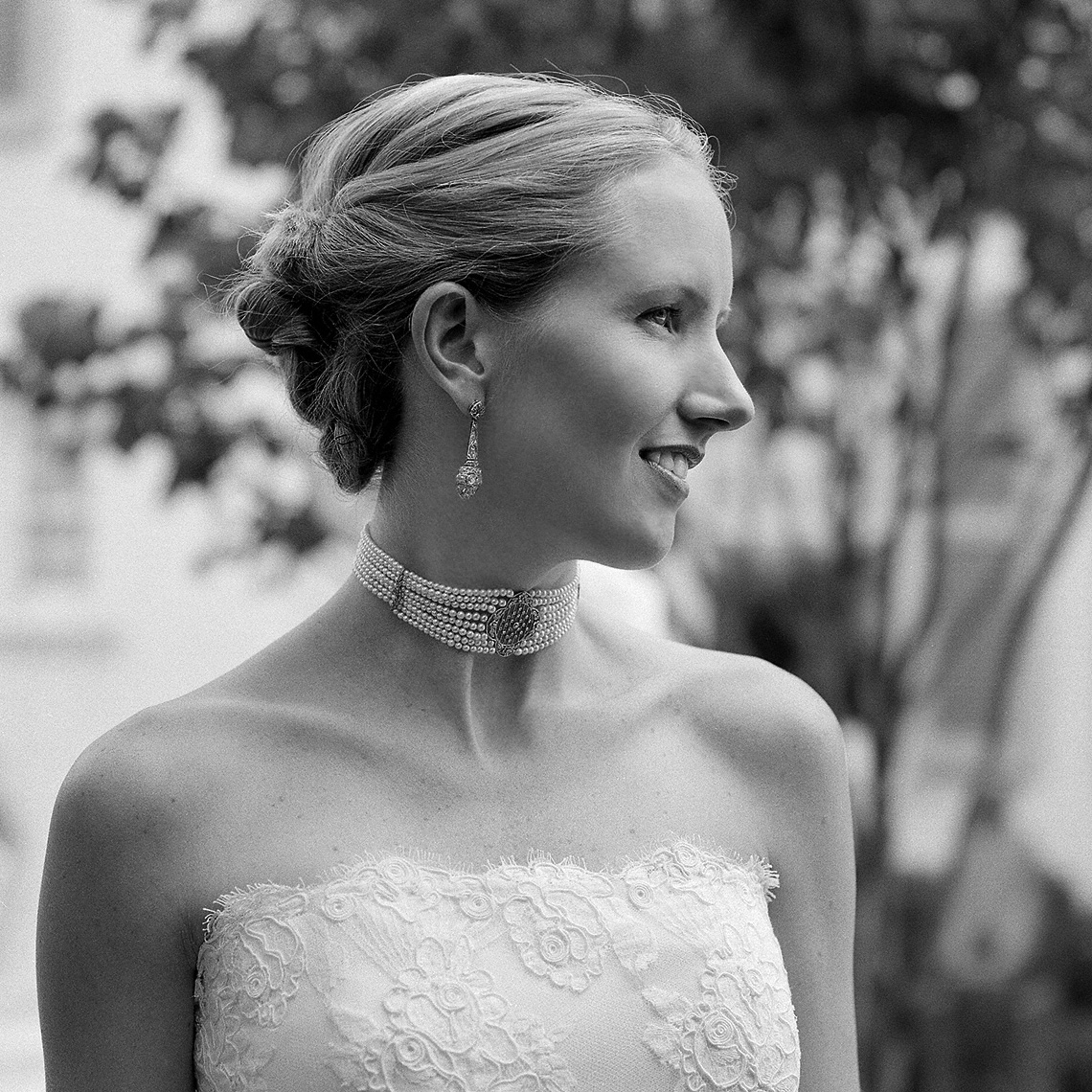 Profile black and white portrait on an outside location  of a bride in Ft. Worth