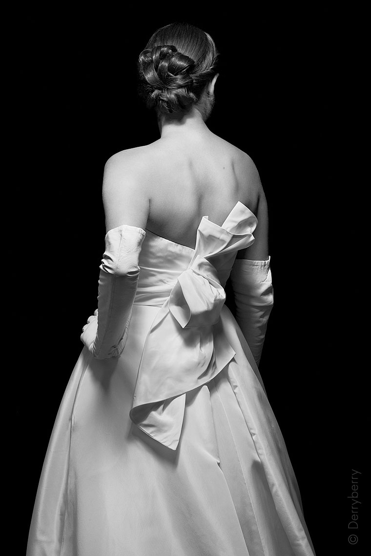 Debutante portrait  in black and white of the back side of the gown