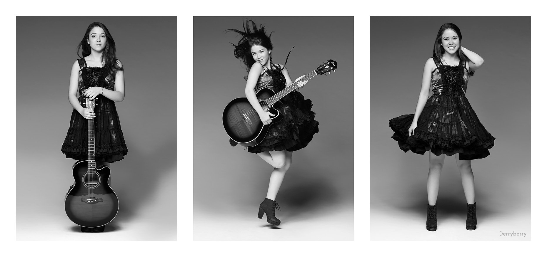 Triptych black and white portrait of Charlotte Clark with her guitar and in a Harajuku dress in the studio  in Dallas, Texas by photographer John Derryberry Photography