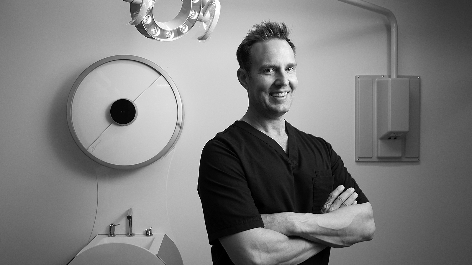 Black and white portrait of a dental surgeon by photographer John Derryberry Photography