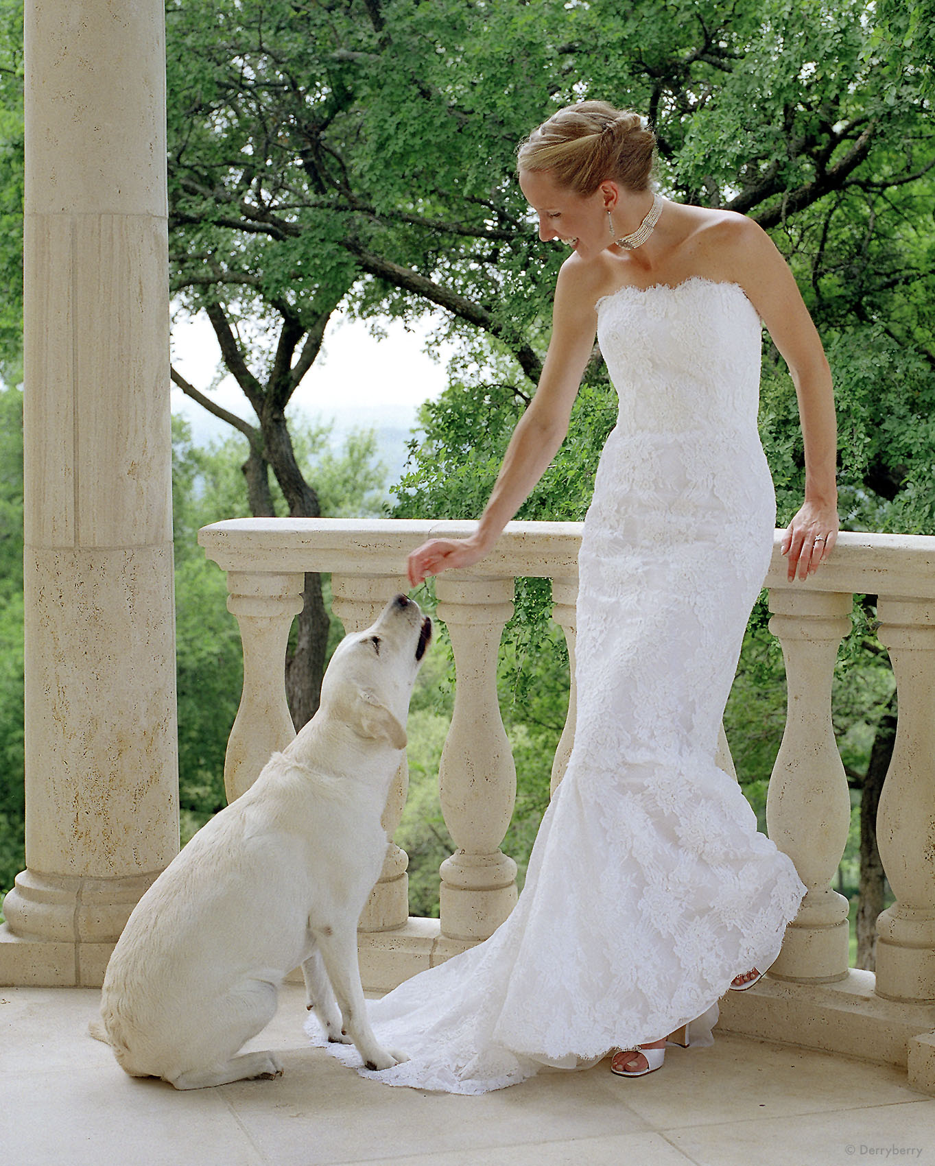 Color location portrait of Yost bride  standing and leaning on a balustrade   with her white lab  in Ft. Worth , Texas  by photographer John Derryberry Photography